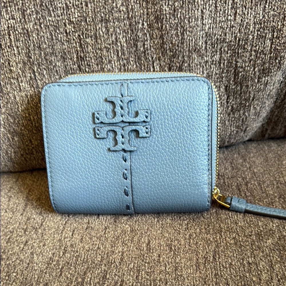 Tory Burch Blue Compact Wallet Pebbled Leather